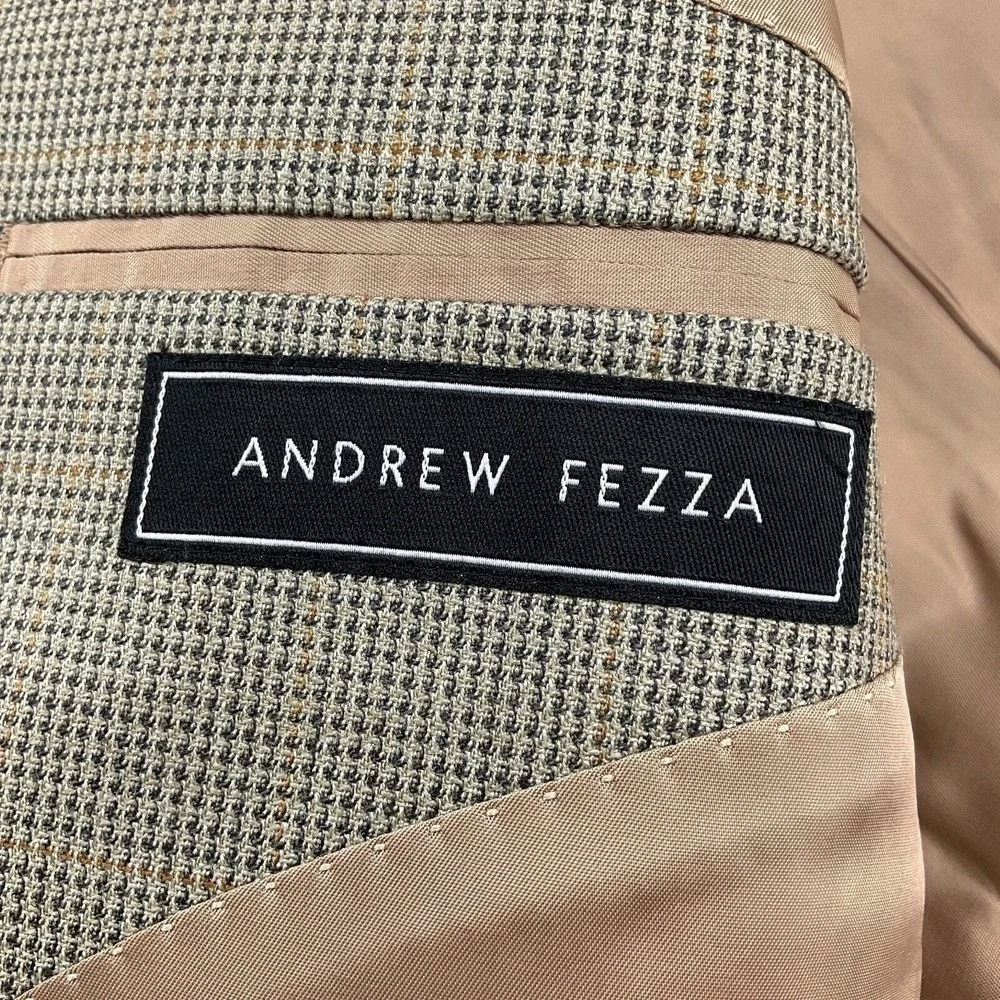 Andrew Fezza Blazer Men 41 Long Tan Gray Glen Plaid Gold Silk Wool Classic